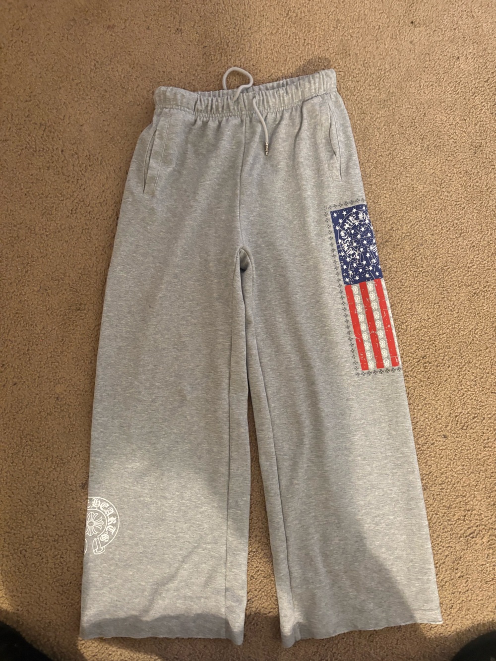 Chrome Hearts USA American Flag Horseshoe Fleece Lounge Pants – Gray